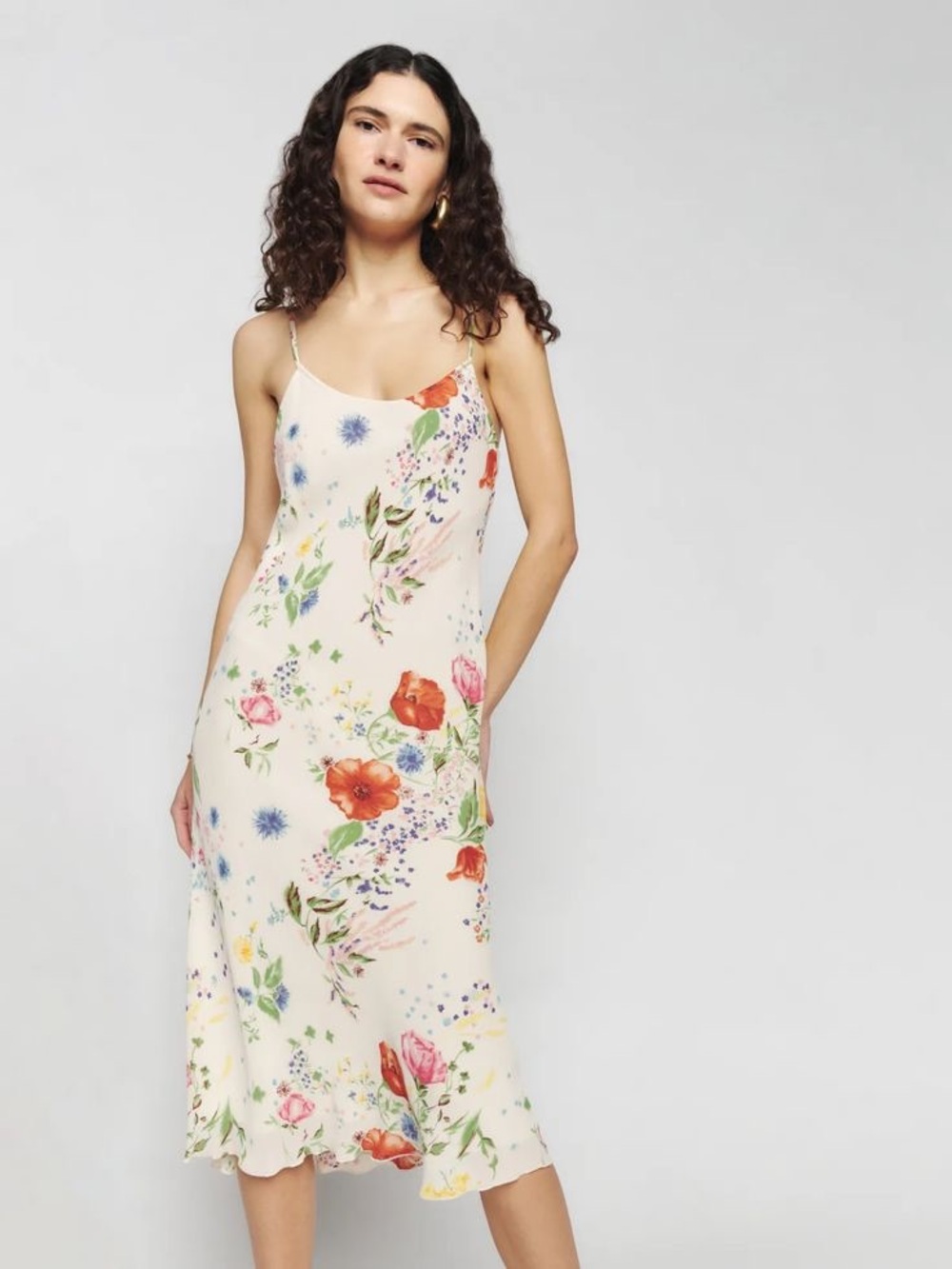 Reformation Emerick Floral Slip Midi Dress in Cream with Multicolor Blooms